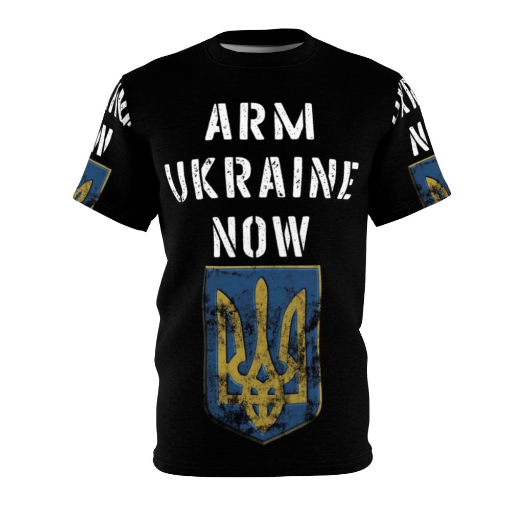 Ukrainian resistance t-shirt in blue and yellow colors featuring Ukrainian symbols and a call to action to support Ukraine against the Russian invasion.