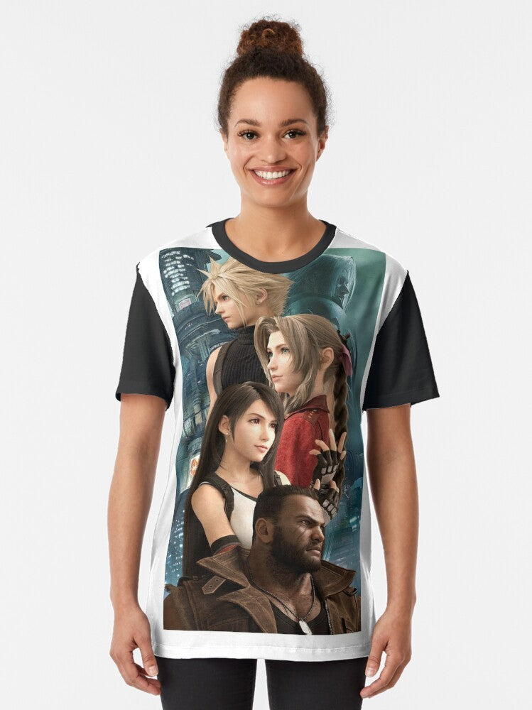 A stylish anime-inspired graphic t-shirt featuring the iconic Final Fantasy series characters and designs. - Women