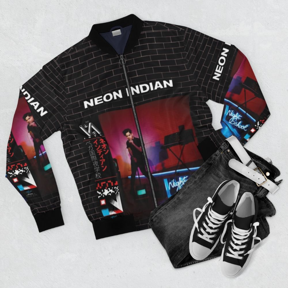 Neon Indian bomber jacket with retro electronic music and indie band graphics - Flat lay