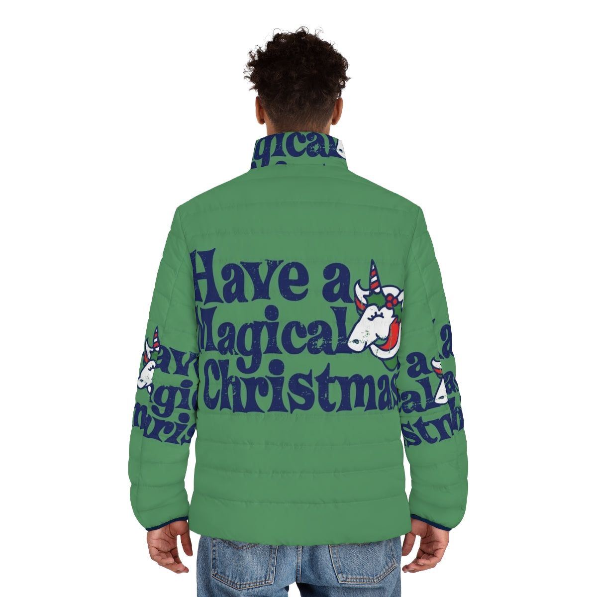 Puffer jacket with whimsical unicorn design for a magical Christmas - men back