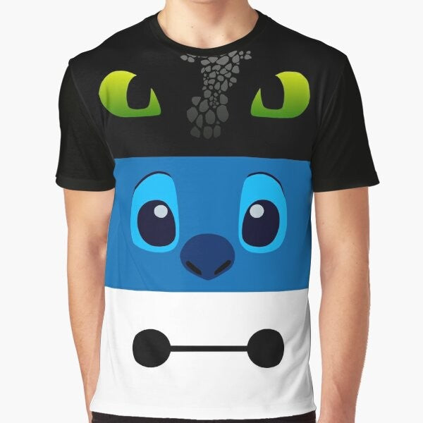 Graphic t-shirt featuring three vibrant colors and minimalist Lilo and Stitch inspired design