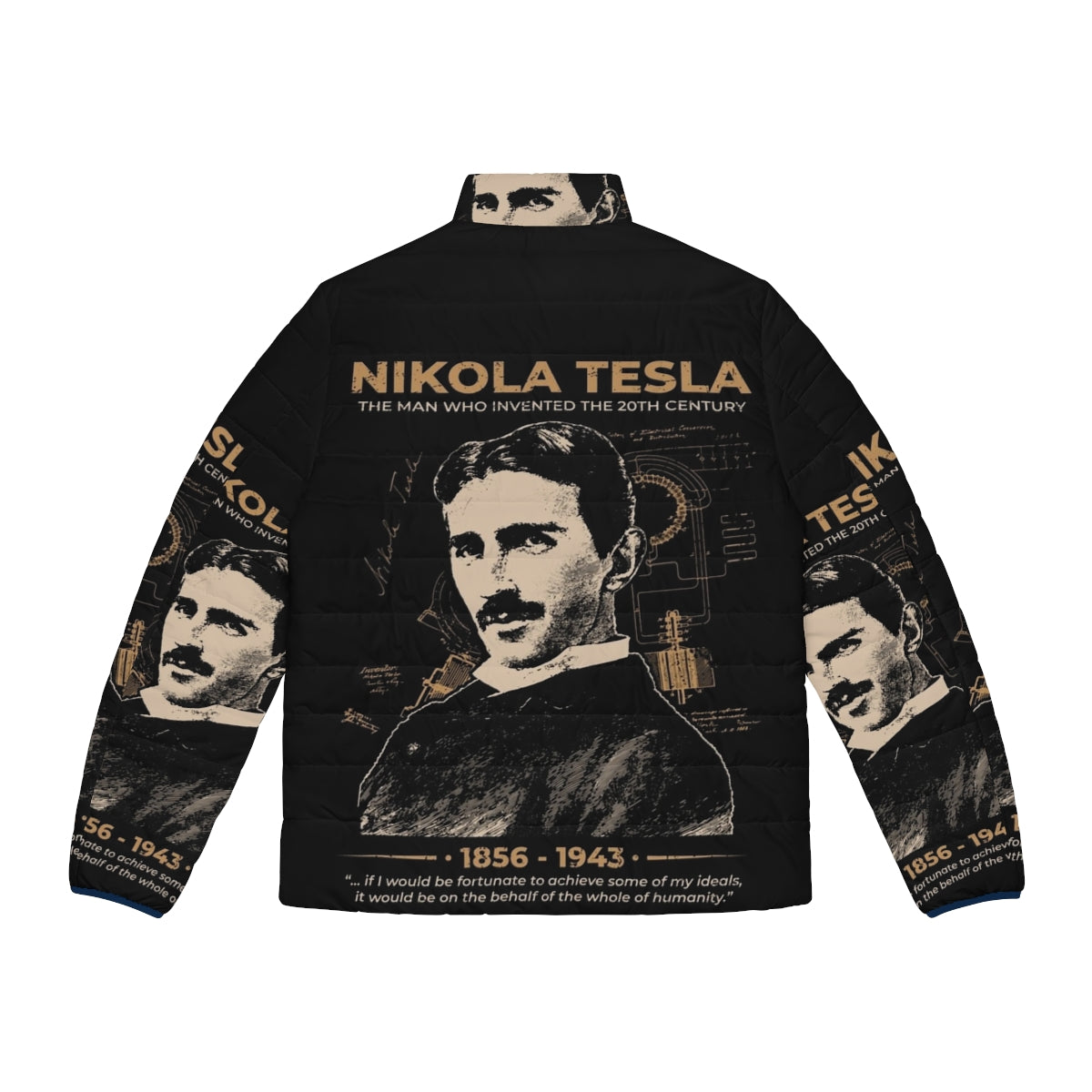 Nikola Tesla inspired puffer jacket featuring his iconic portrait and quotes - Back