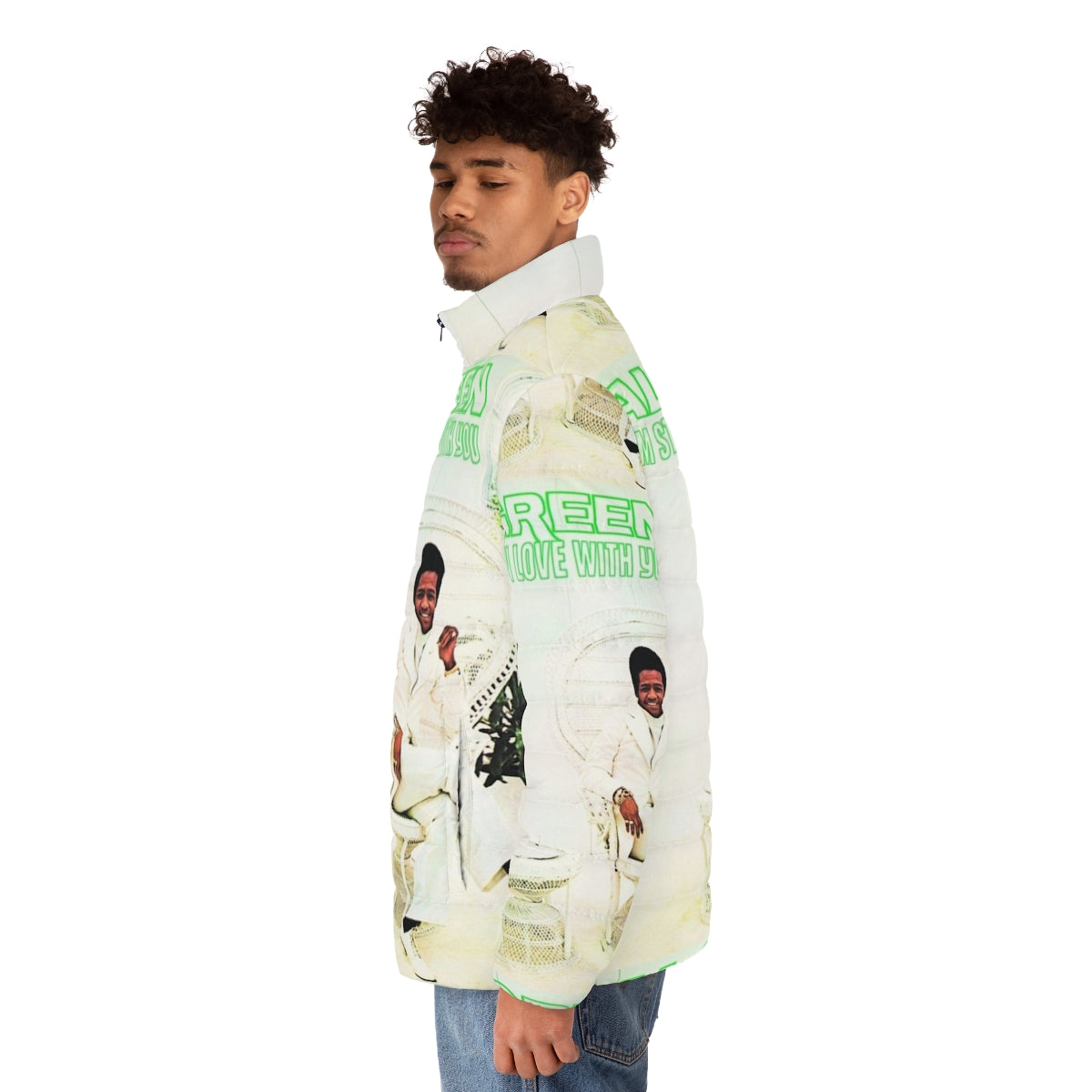 Puffer jacket featuring the album cover art for "I'm Still in Love with You" - men side left