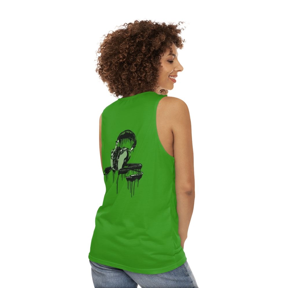 Classic Shells Unisex Tank Top featuring retro 70s album cover design and headphones - women back