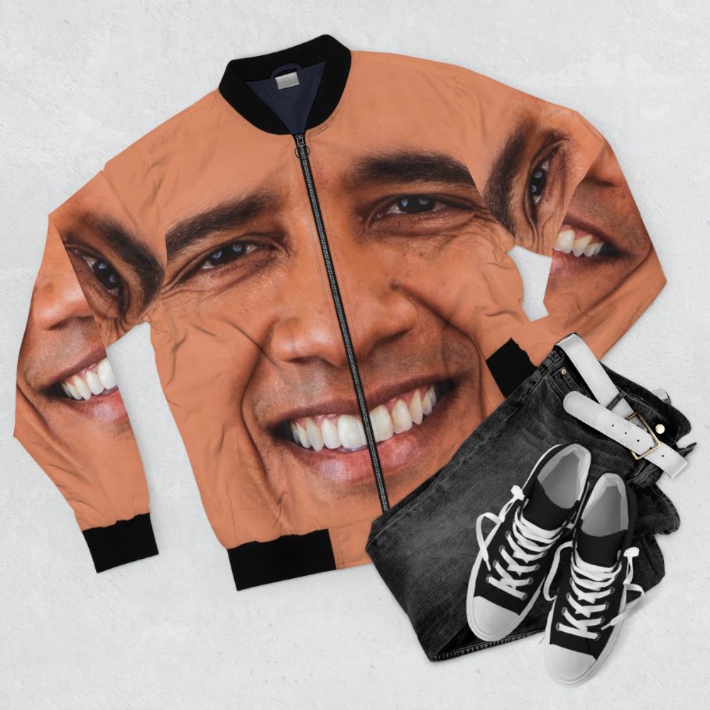 Obama-inspired bomber jacket with American flag and political graphics - Flat lay