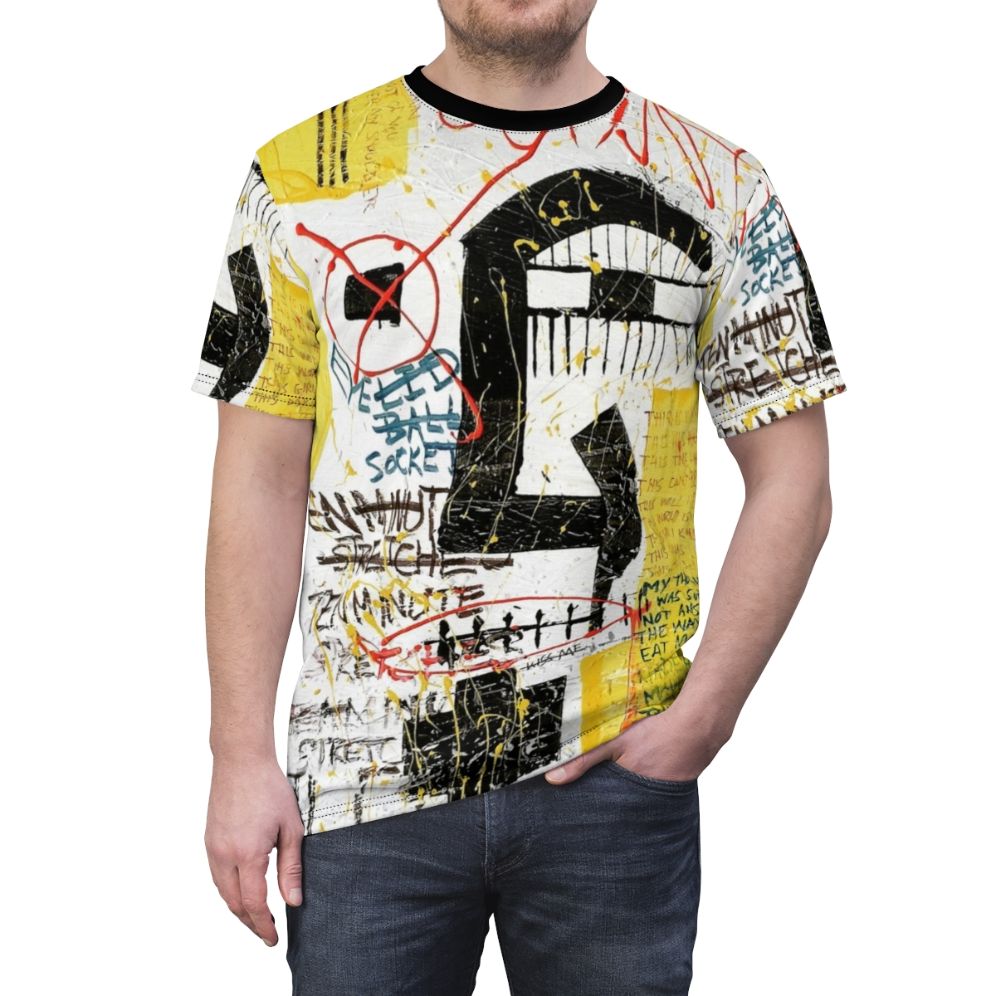 Vibrant abstract art t-shirt with expressive basquiatish-inspired visuals and neo-expressionist style elements. - men front