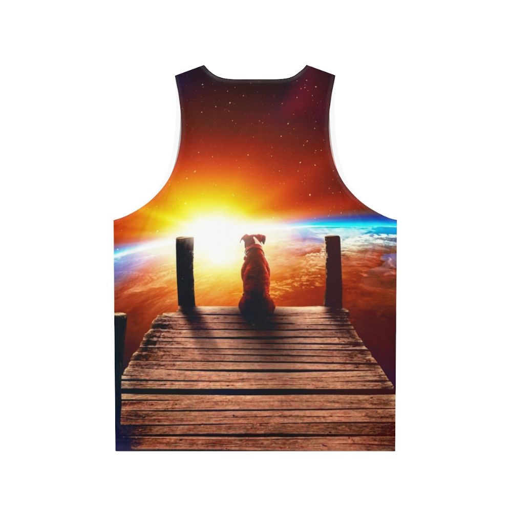 Surreal unisex tank top with digital collage of space and a dog - Back