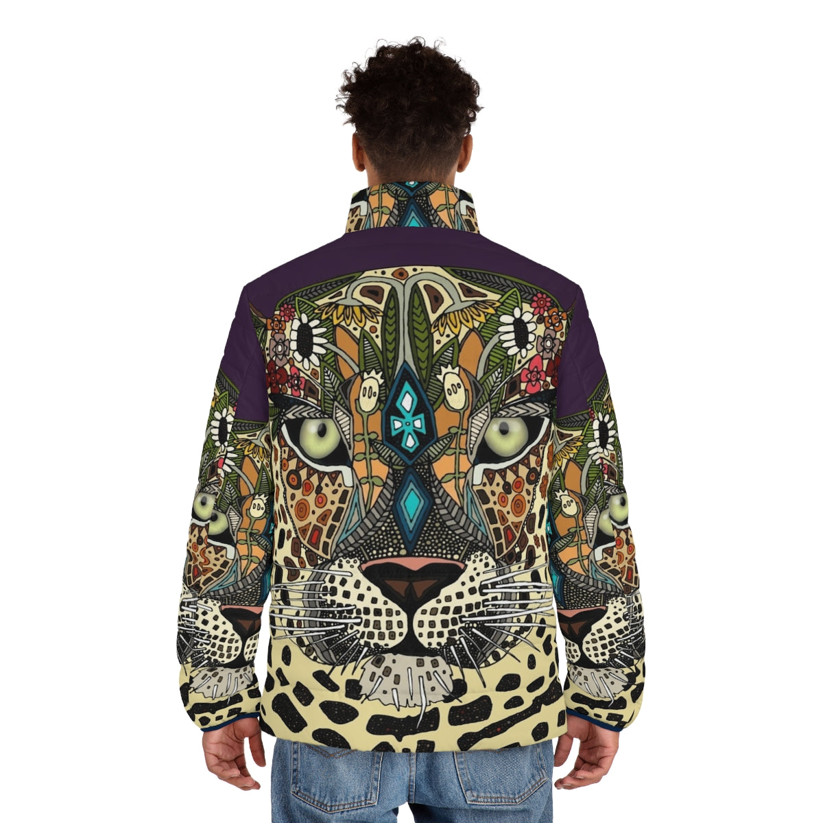 Leopard print puffer jacket with floral and botanical design - men back