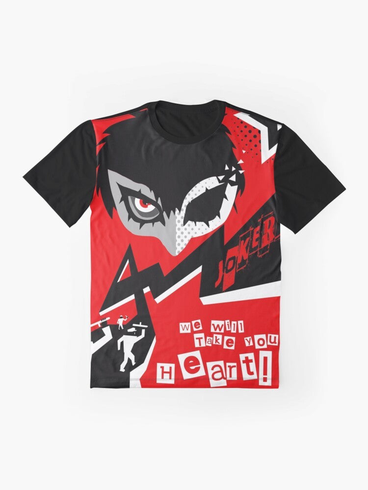 Persona 5 Joker character design with text "Take your heart" on a graphic t-shirt - Flat lay