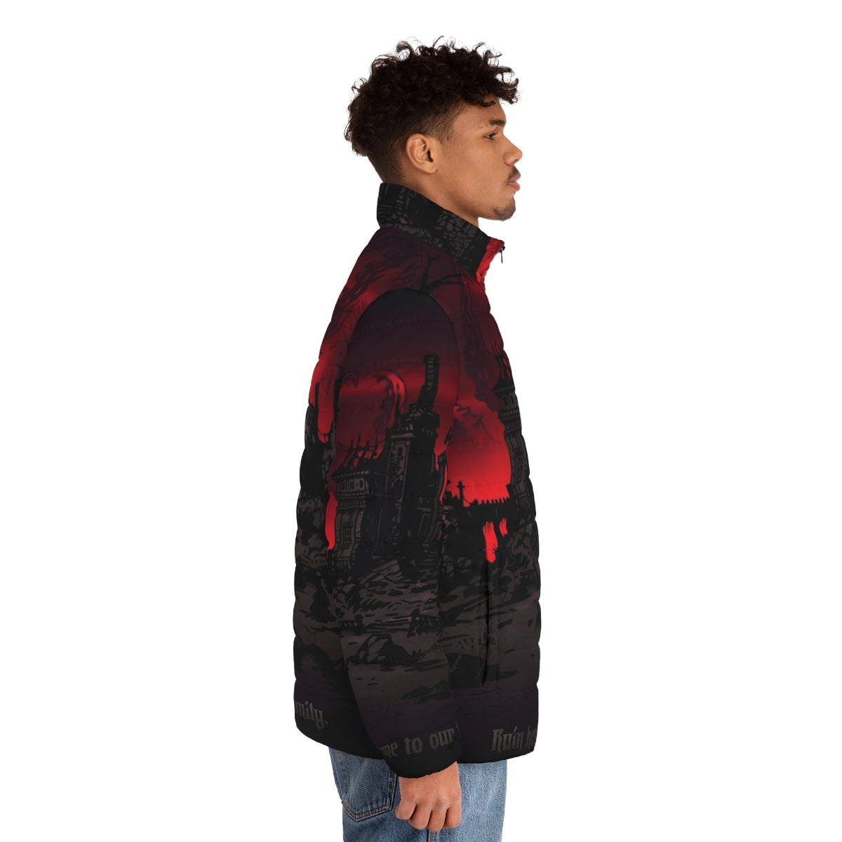 Ruin Puffer Jacket - Dark fantasy puffer jacket with Lovecraft-inspired design - men side right