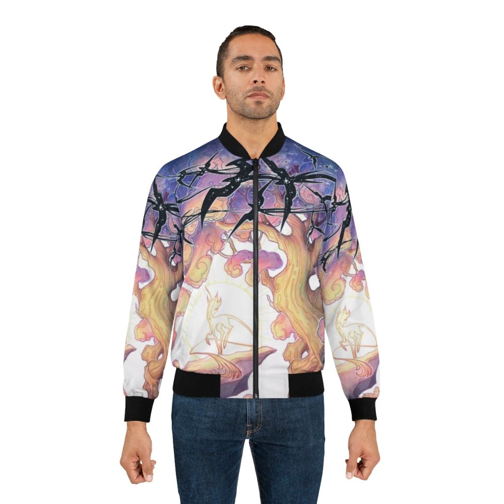 Nightsky fantasy bomber jacket with stars, birds, and other fantasy elements - Lifestyle