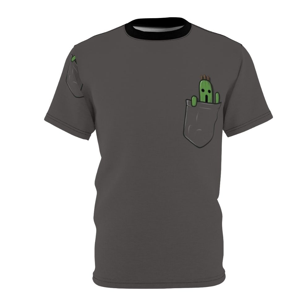 T-shirt featuring a small, cartoonish cactus-like character, perfect for fantasy and video game enthusiasts.