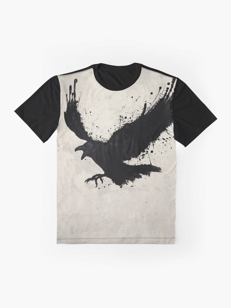 Raven graphic t-shirt with a sketch-style design featuring the mythical bird - Flat lay