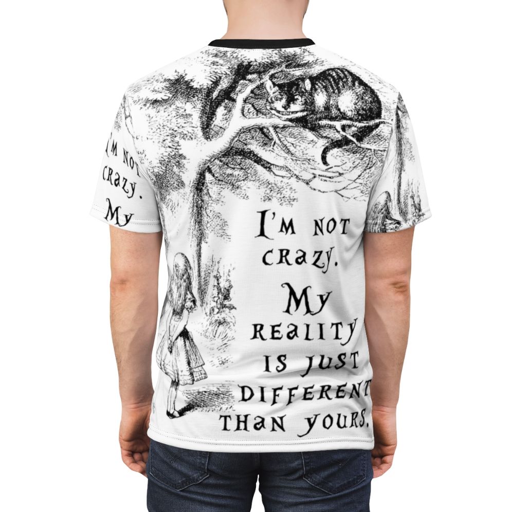 Alice in Wonderland inspired t-shirt with Cheshire Cat, Mad Hatter, and fantasy quote design - men back