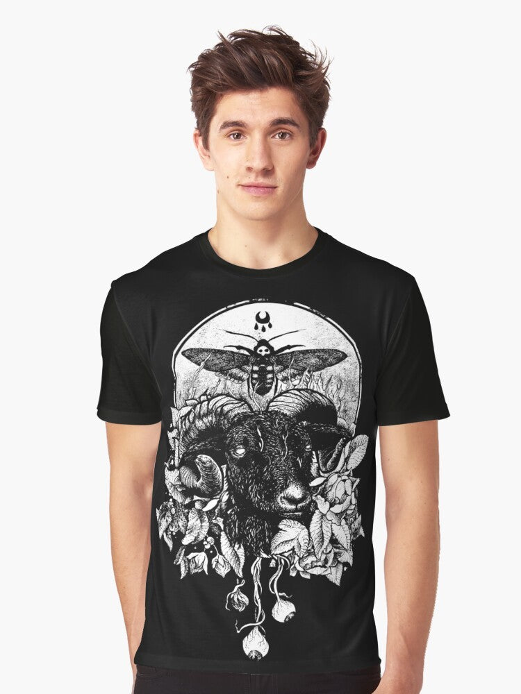 A gothic, dark, occult metal graphic t-shirt with a goat, witch, and other dark elements. - Men