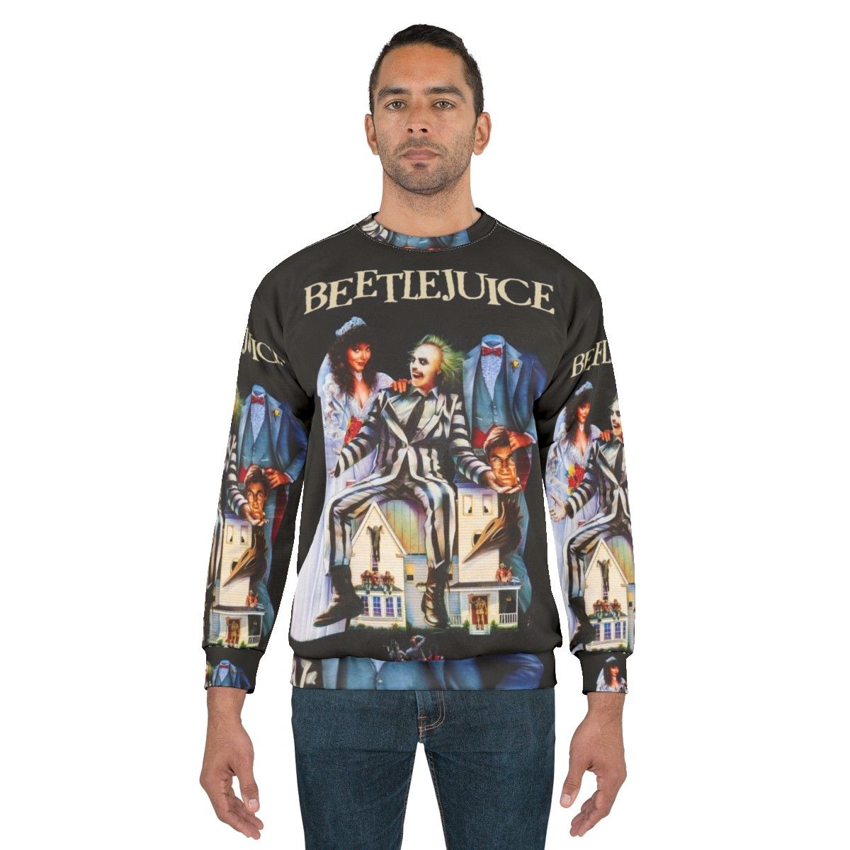 Beetlejuice themed sweatshirt with gothic and horror design - men