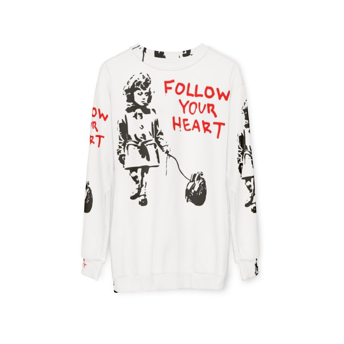 Banksy "Follow Your Heart" Sweatshirt featuring iconic street art design - hanging