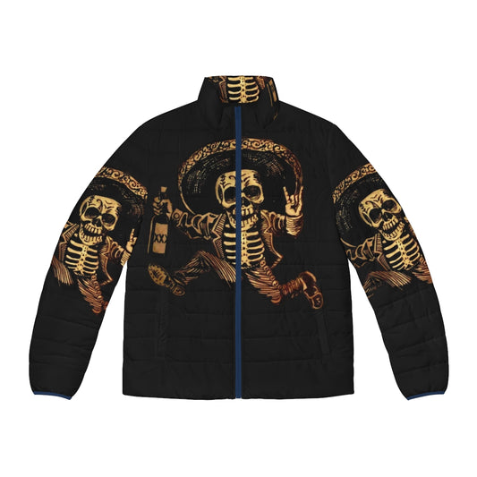 Dia de los Muertos inspired puffer jacket with sugar skull and outlaw design