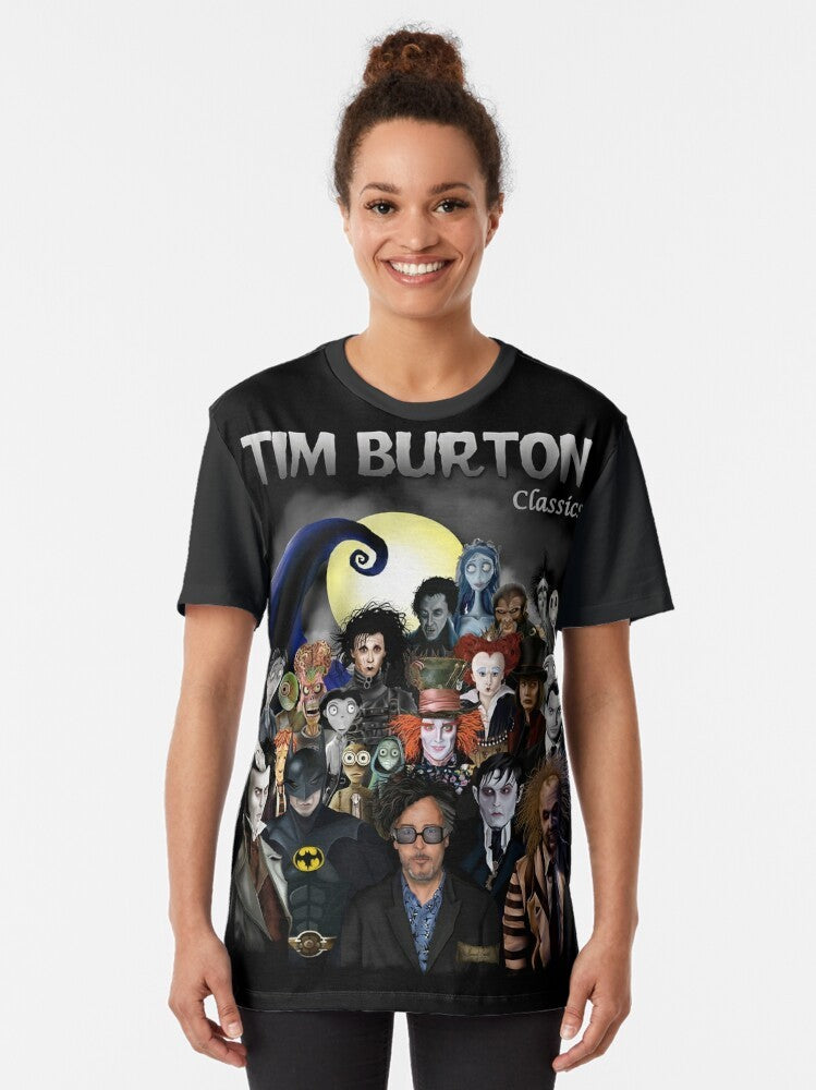 Tim Burton-inspired graphic t-shirt featuring iconic gothic art and horror film elements - Women