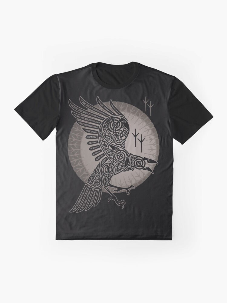 Raven graphic t-shirt with Scandinavian tribal design - Flat lay