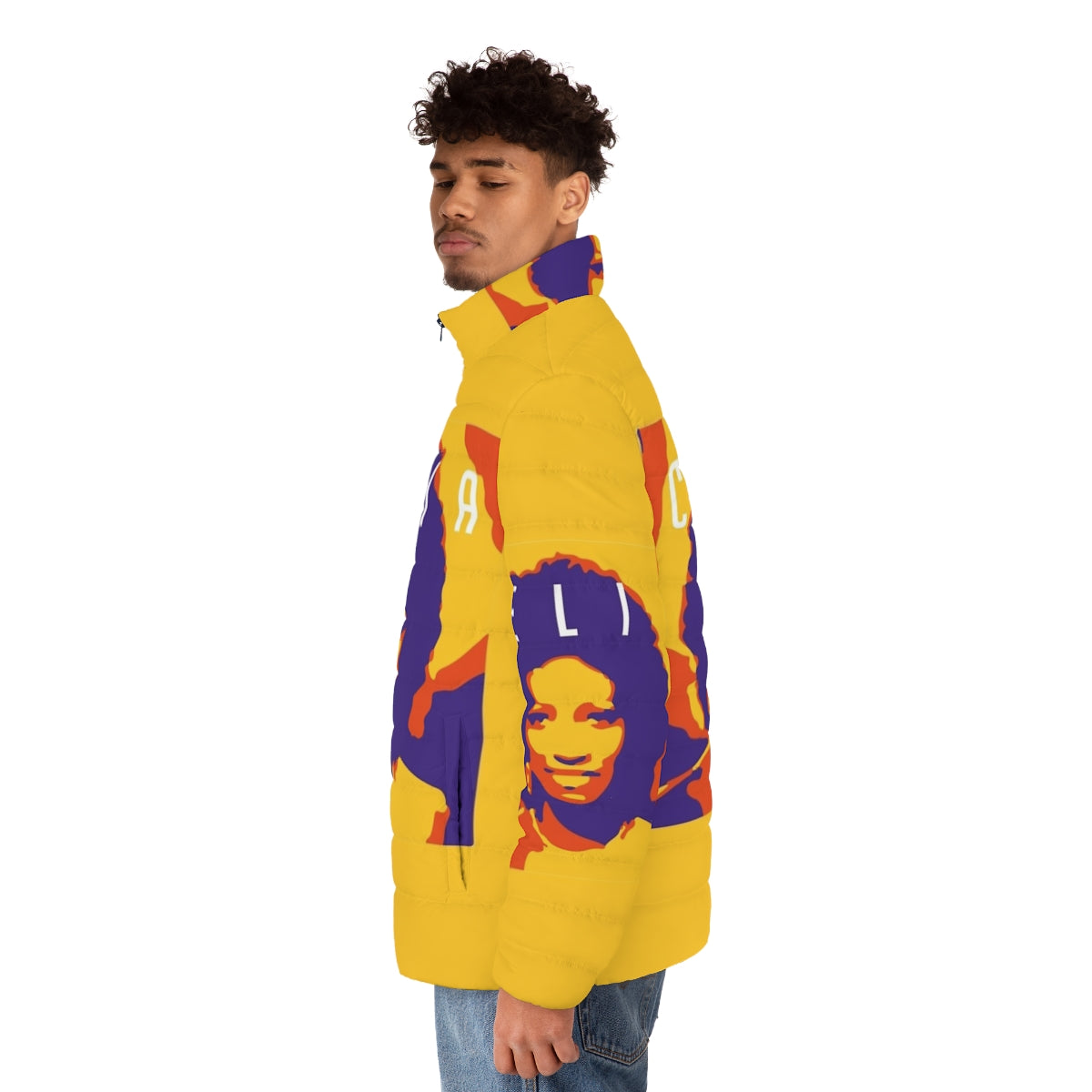 Celia Latinx Puffer Jacket in a vibrant, colorful popart design - men side left