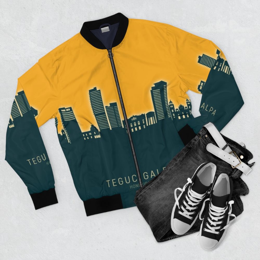 Tegucigalpa Honduras Skyline Bomber Jacket with Neon, Teal, and Orange Cityscape Design - Flat lay