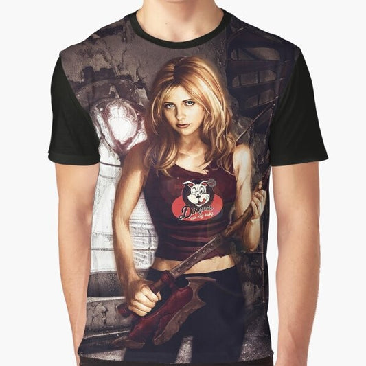 Buffy the Vampire Slayer graphic design t-shirt featuring the show's logo and characters