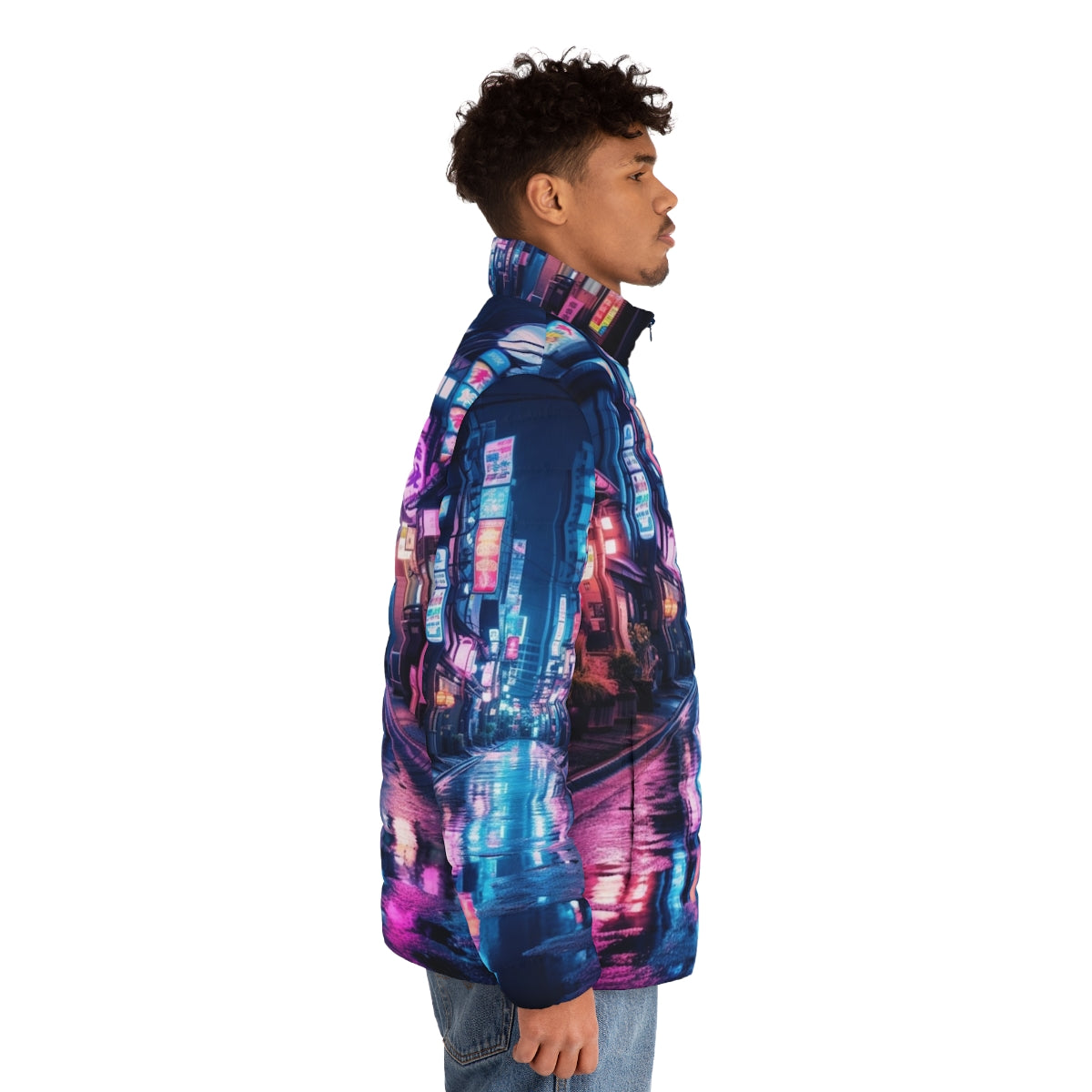 Tokyo neon puffer jacket featuring a cyberpunk-inspired design with bright lights and urban cityscape - men side right