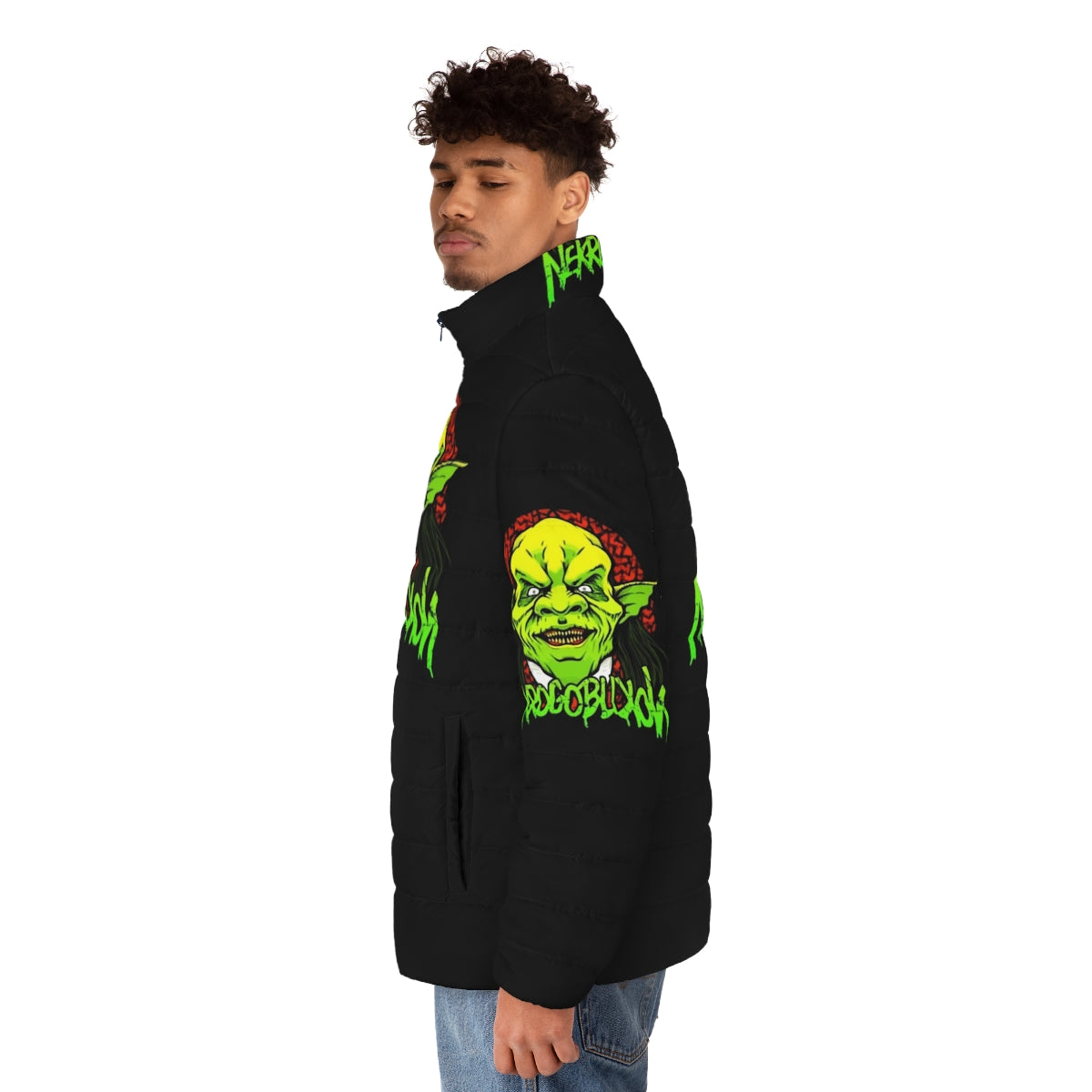 Nekrogoblikon heavy metal puffer jacket with band logo - men side left