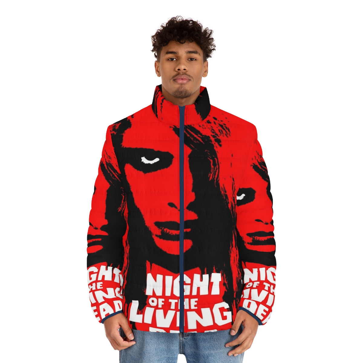 "Night of the Living Dead" inspired puffer jacket with zombie and horror movie graphics - men front