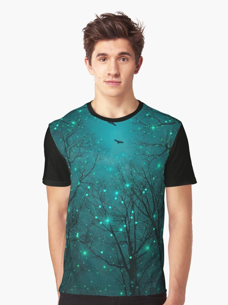 Teal galaxy night stars graphic t-shirt featuring a design of glowing stars, geometric constellations, and abstract tree artwork. - Men