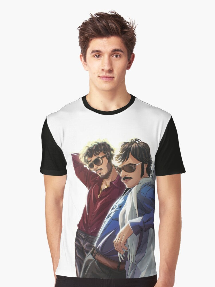 A graphic t-shirt featuring the iconic comedy music duo Flight of the Conchords - Men