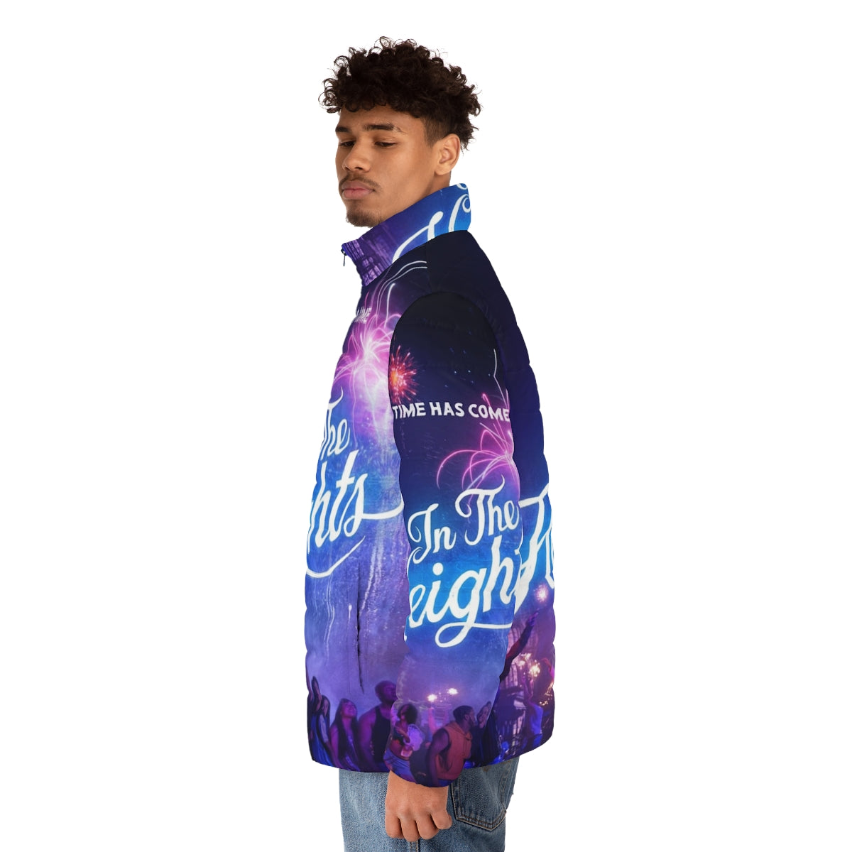 Model wearing the "In The Heights" themed puffer jacket - men side left