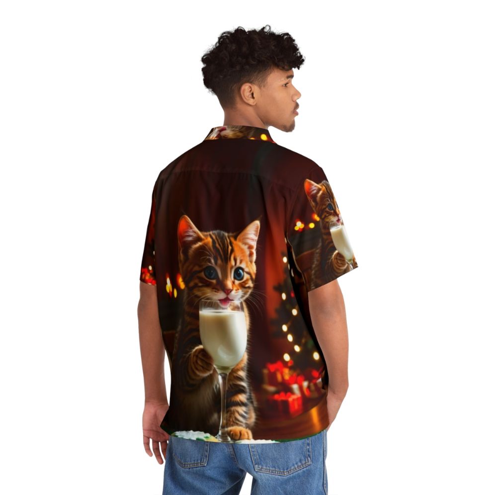 Magical Cat Santa's Helper Hawaiian Shirt featuring a surreal digital artwork with a cat in a Santa hat - People Back