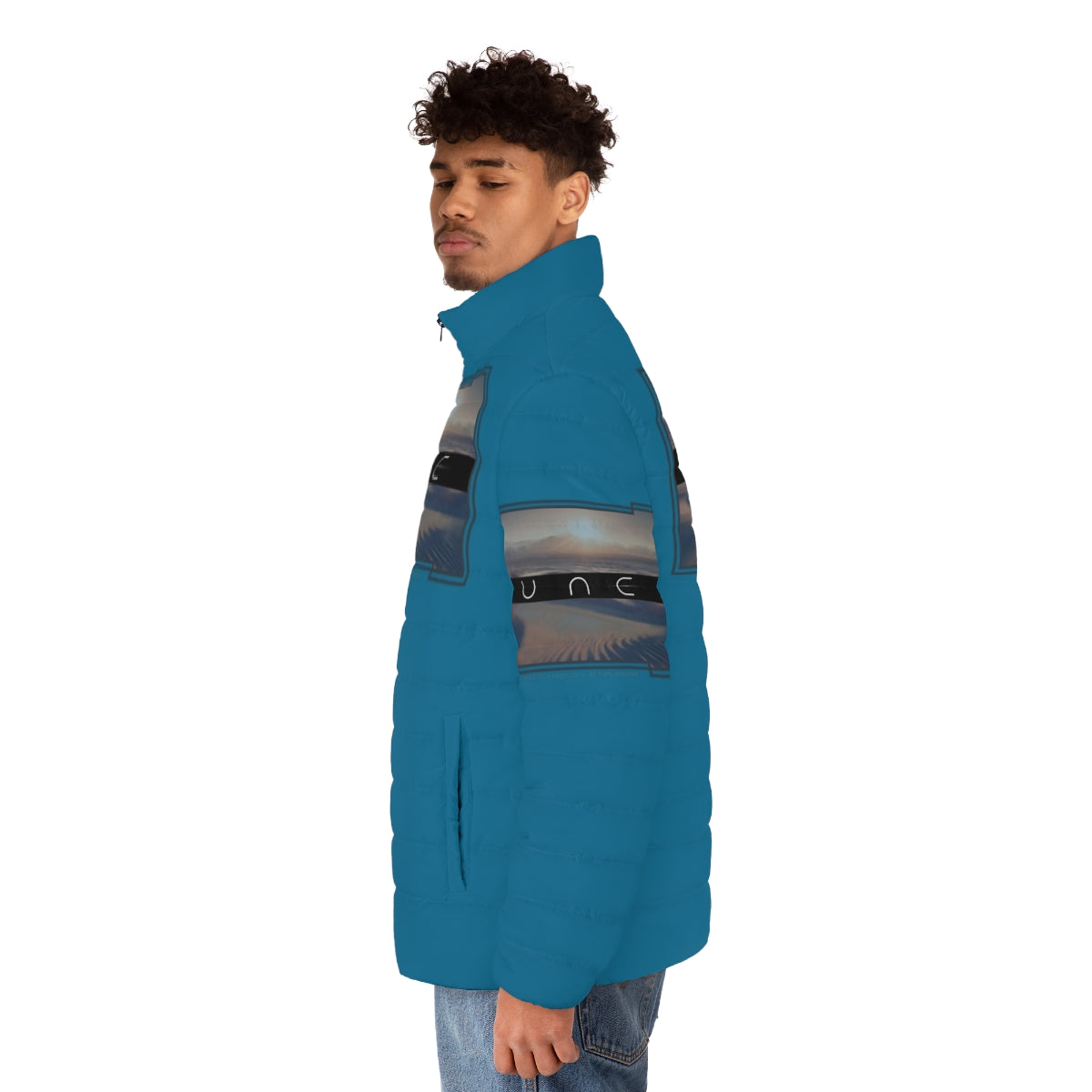 Dune-themed puffer jacket with a striking desert and twin moons graphic - men side left