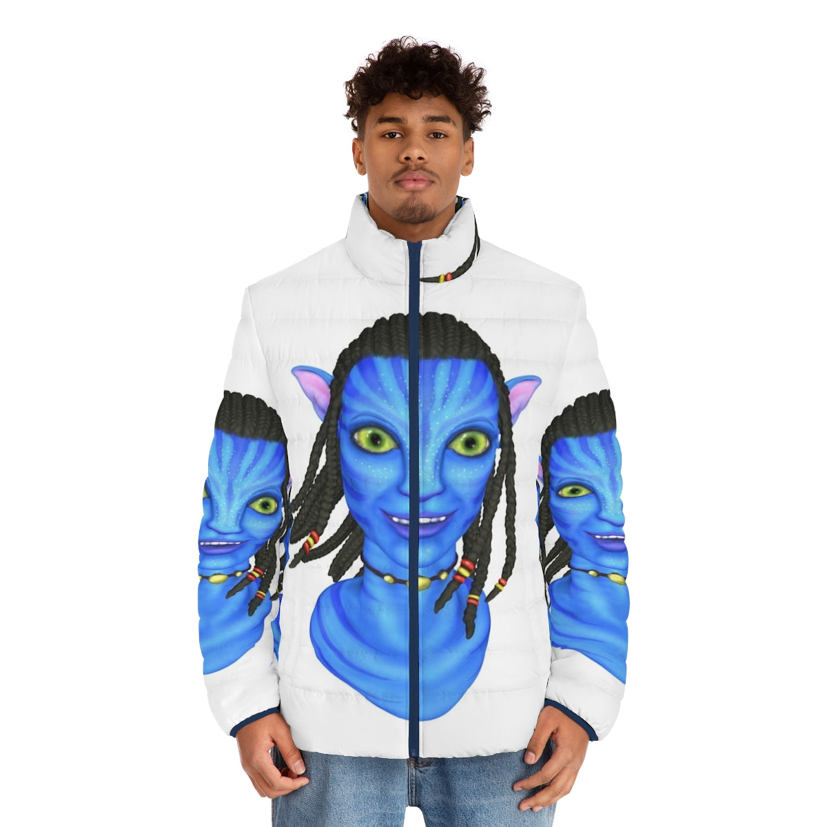 Avatar-inspired puffer jacket with vibrant colors and whimsical hairstyles - men front