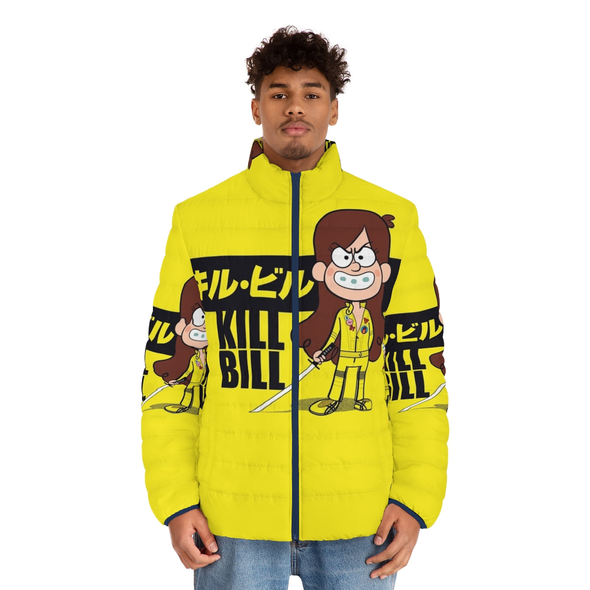 A stylish puffer jacket featuring iconic elements from the Kill Bill franchise and Gravity Falls universe - men front