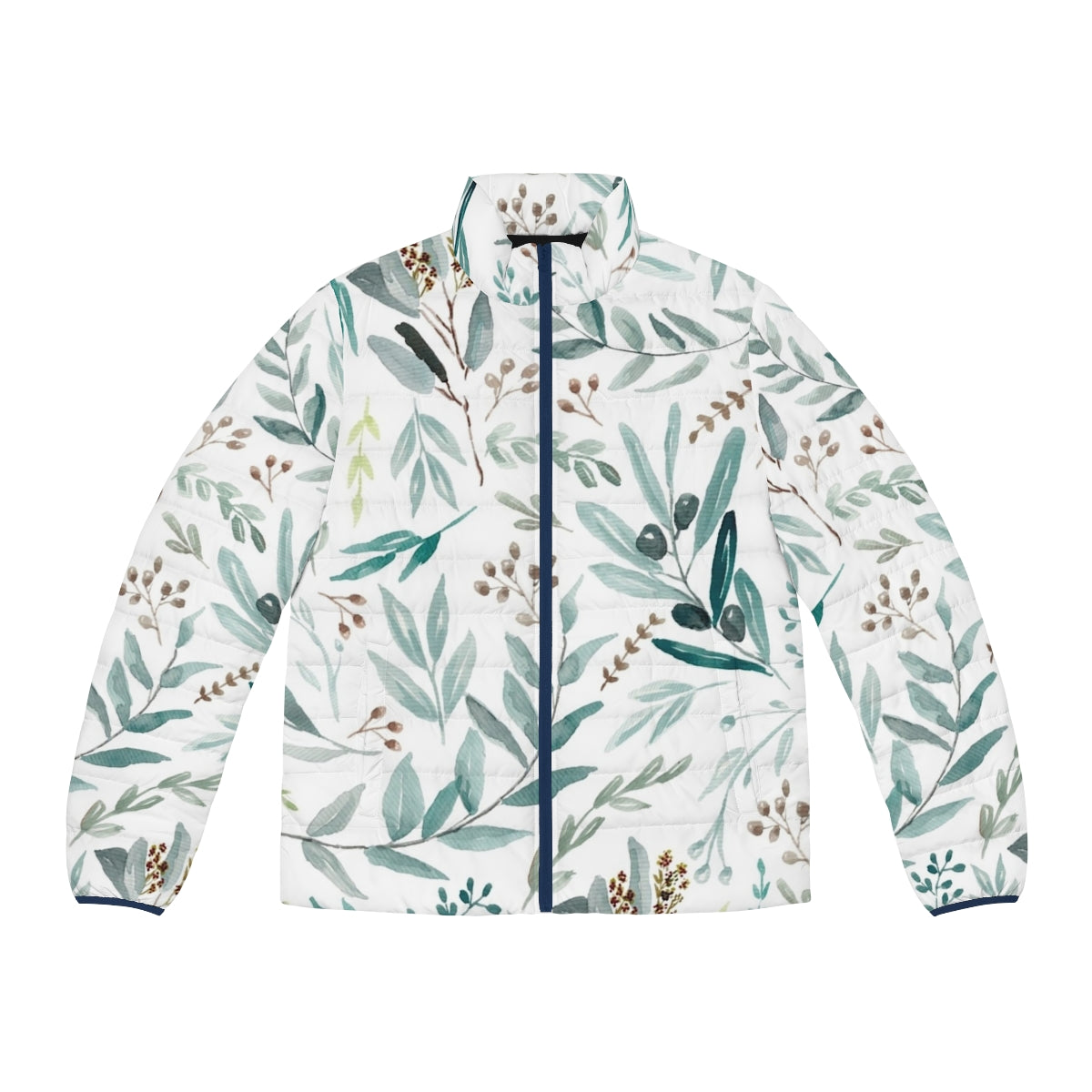 A green puffer jacket with a botanical eucalyptus leaves pattern, perfect for spring fashion.