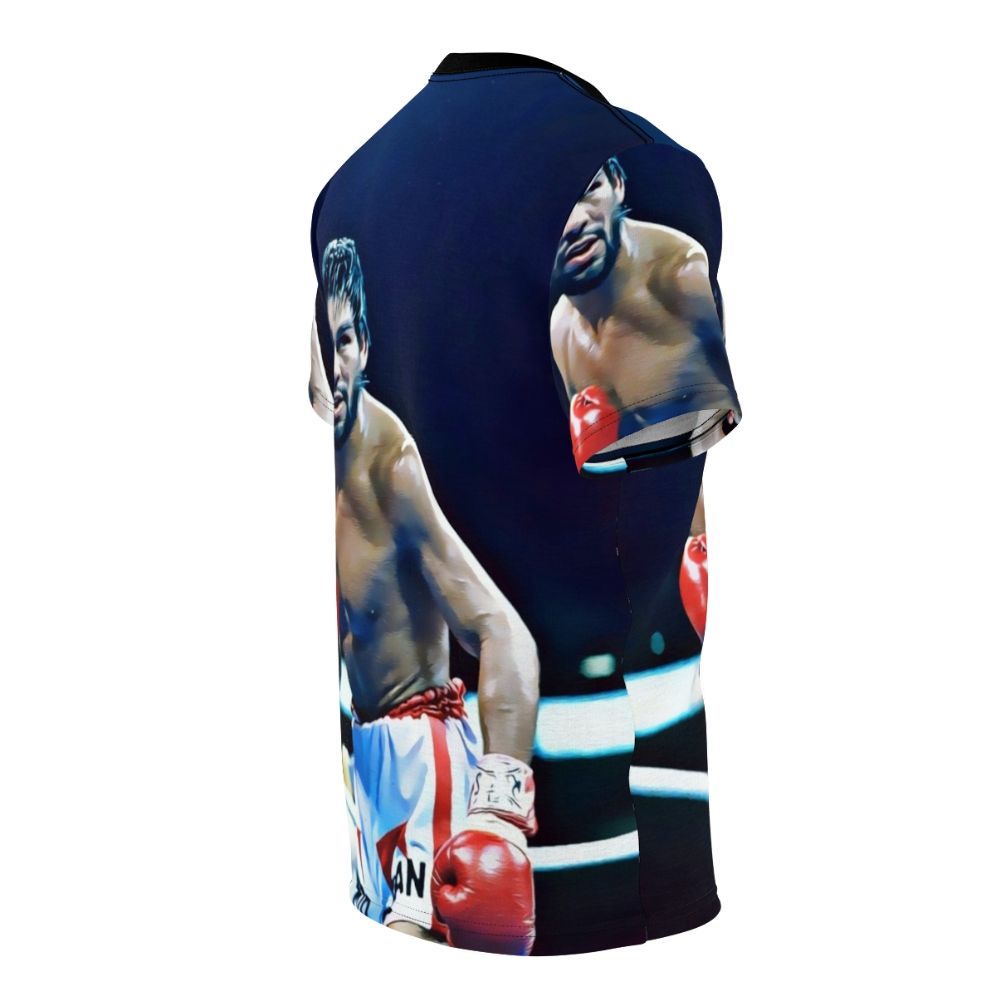 Graphic t-shirt featuring a portrait of legendary boxer Roberto Duran, nicknamed "Hands of Stone" - men right