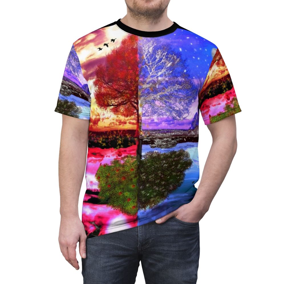 All-over-print t-shirt featuring a beautiful four seasons landscape design with a tree and natural reflection - men front