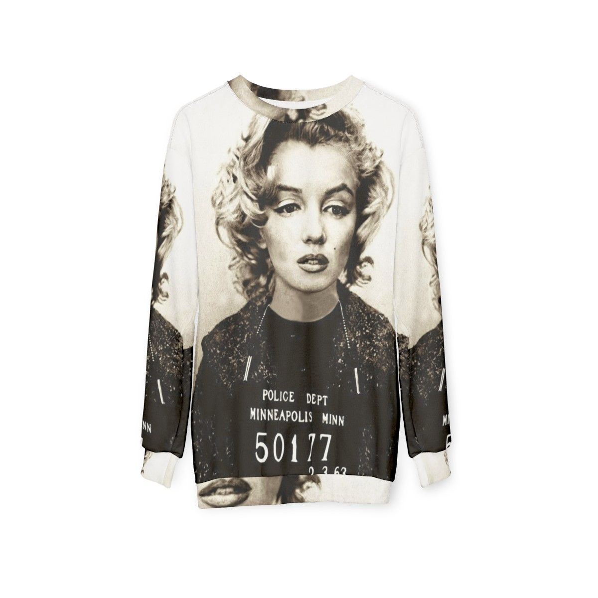 Marilyn Monroe Mugshot Sweatshirt featuring iconic pop art design - hanging