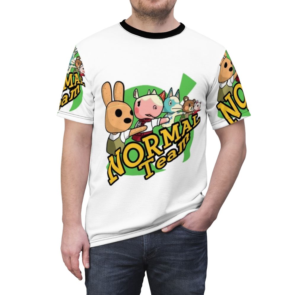 Stylish t-shirt featuring adorable virtual animal characters inspired by the popular Nintendo game Animal Crossing - men front