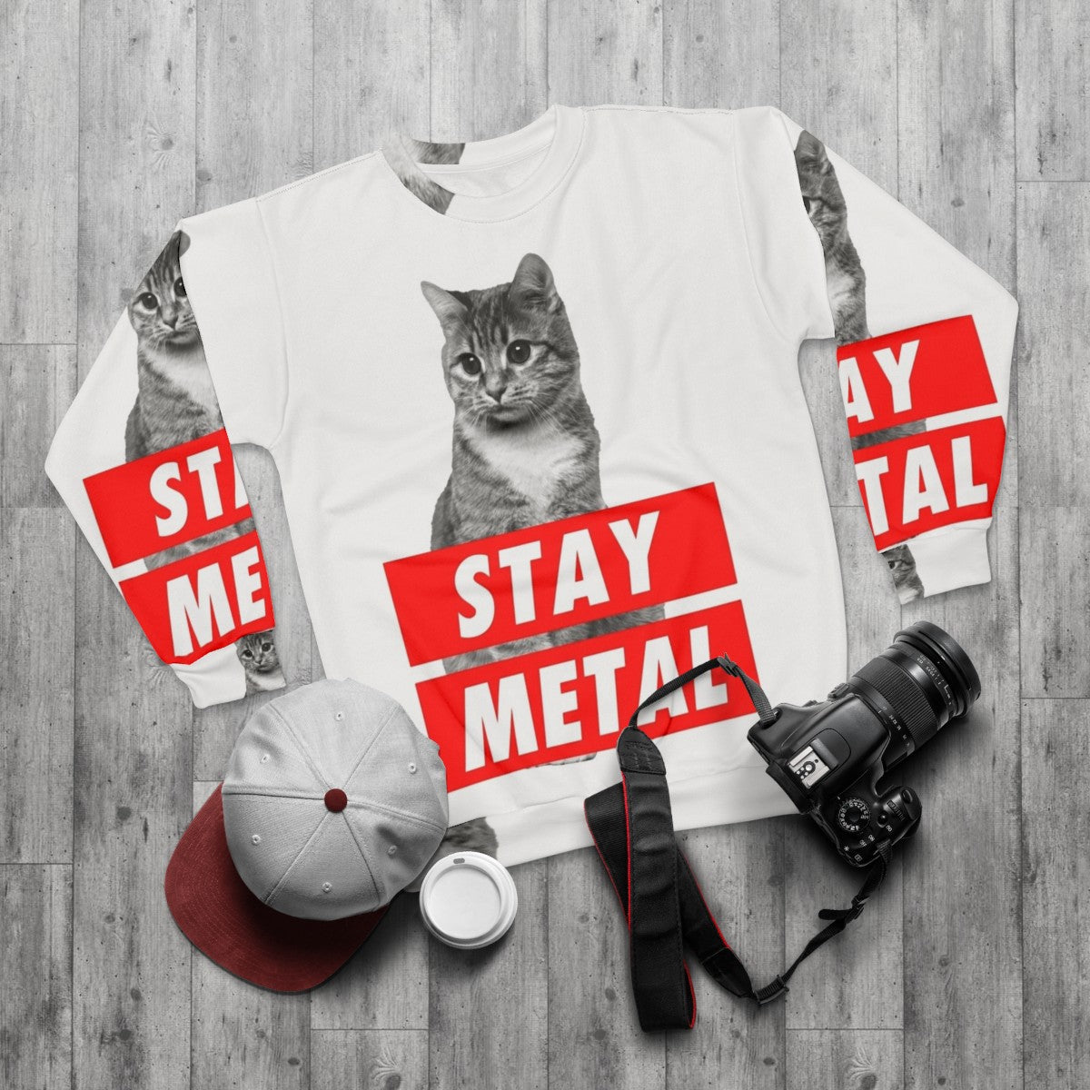 Stay Metal Heavy Metal Sweatshirt with Nicolas Cage Cat Meme Design - flat lay