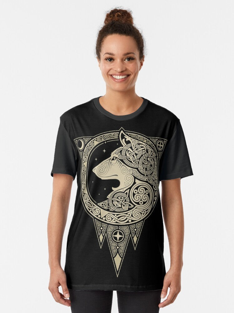 Norse wolf graphic t-shirt featuring mystical Scandinavian mythology elements - Women