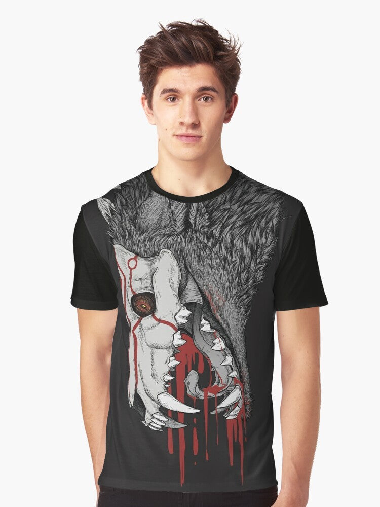 Fall Black Graphic T-Shirt featuring a Grimm Beowolf design with skulls, teeth, and blood. - Men