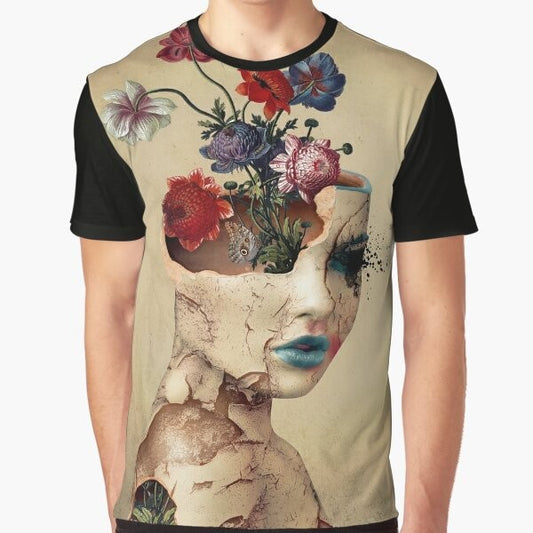 Broken Beauty Vintage Graphic T-Shirt featuring a woman, flowers, and butterfly in a grunge, digital art style.