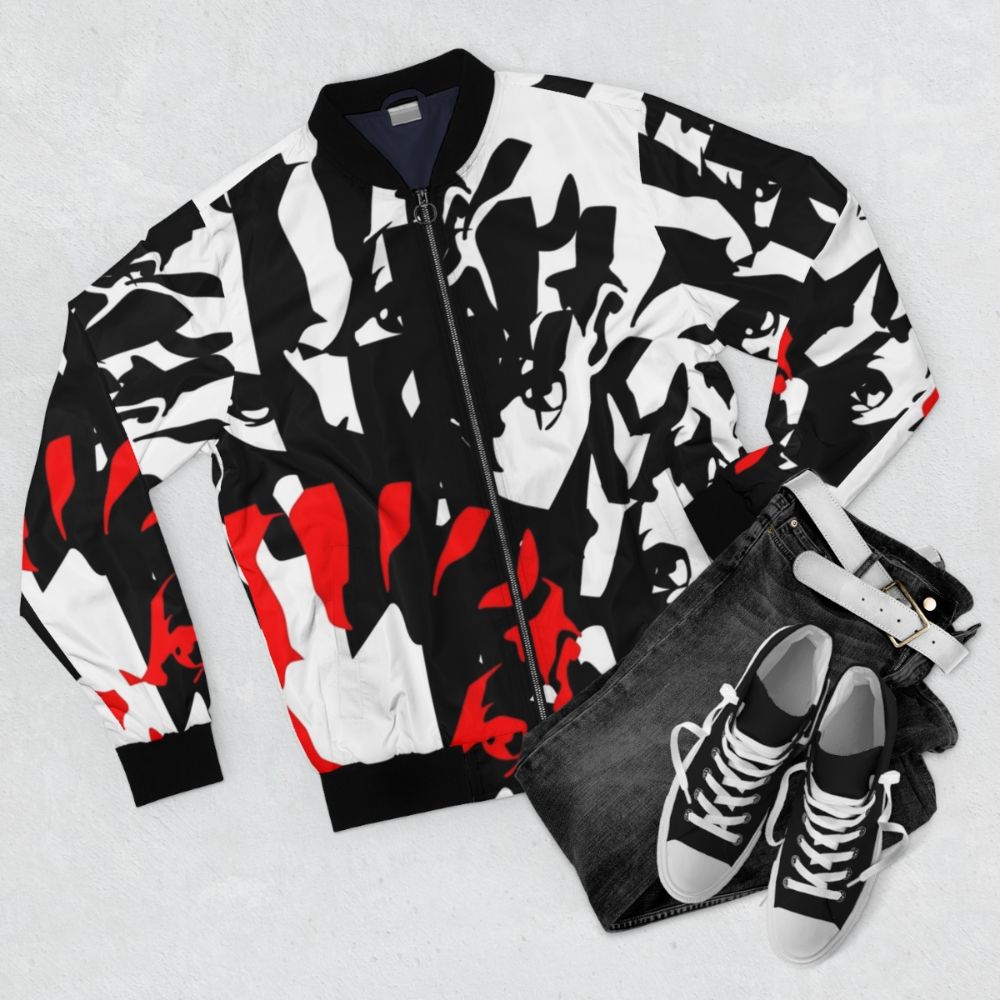 Boondocks Bomber Jacket featuring characters Huey and Riley Freeman in an afro-inspired style - Flat lay