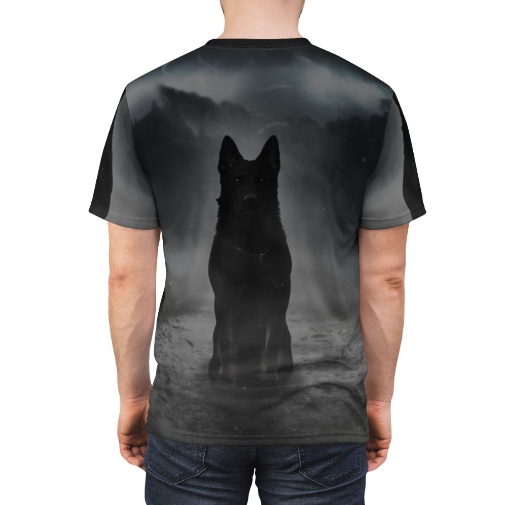 A haunting t-shirt design featuring a black German shepherd silhouette in a misty, foggy night scene. - men back