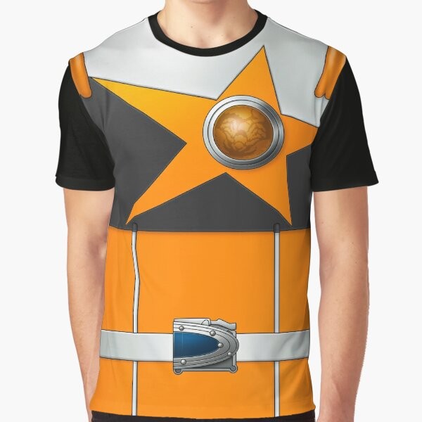 Sasoriorange Super Sentai graphic t-shirt featuring the Kyuranger character in orange and space-themed design