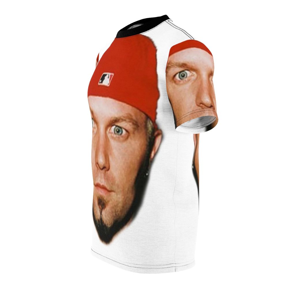 All-over print t-shirt featuring the iconic image of Fred Durst, the frontman of the legendary nu metal band Limp Bizkit. - men left